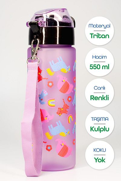 Telvesse Children's Water Bottle Tritan Water Bottle with Straw Unicorn School Water Bottle with Straw Bpa-Free 550ml Purple T0101