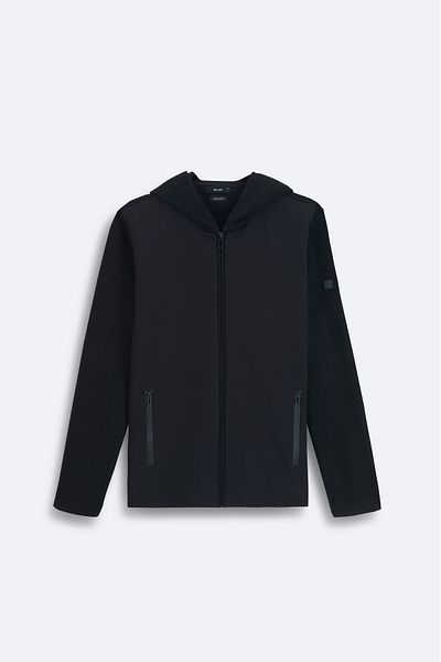 Avva Black Men's Wool Cardigan - Hooded, Zippered, Tech Fabric Detail A32Y6058