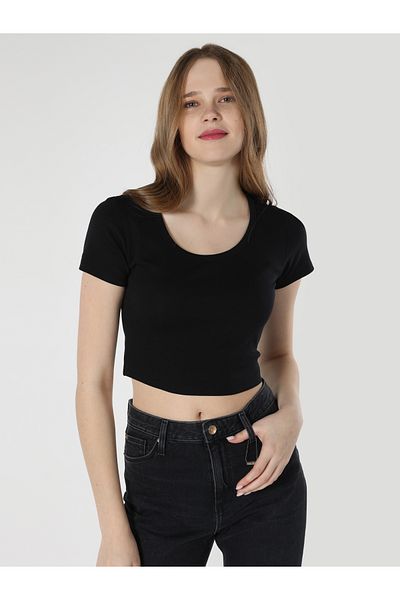 Colin's Tricou negru cu mânecă scurtă pentru femei, slim fit, cu gât rotund
