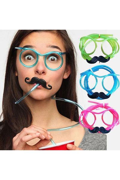 Skygo Party Glasses with Straw - Children and Adults Straw Glasses with Mustache Red Color 18x14 cm