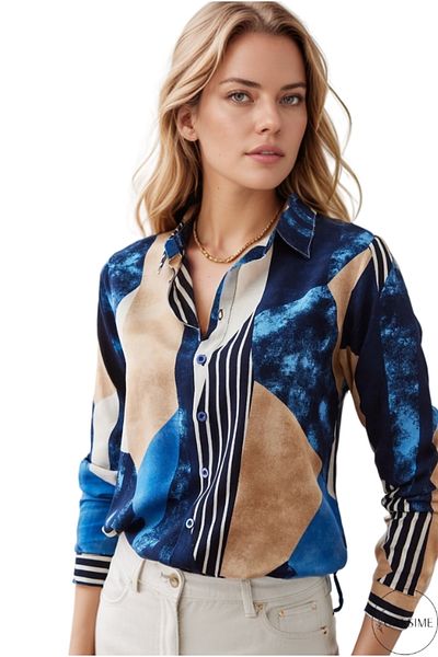 Cassime Women's Navy Blue Cream Geometric Patterned Viscose Long Sleeve Shirt - Plus Size L-XL-2XL-3XL
