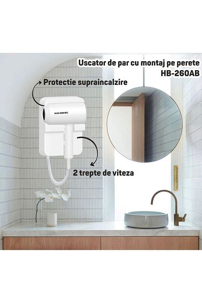 Hausberg Uscator De Par Cu Montaj Pe Perete Hb-260ab, 1200w, 2 Trepte Viteza, Protectie, Accesorii Incluse