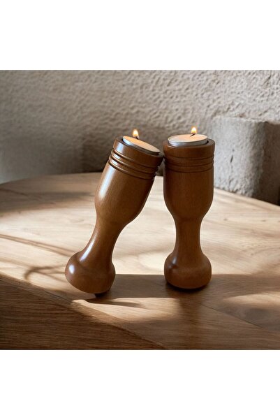 Sienta Home Dekoratif Ahşap Kadeh 3’lü Mumluk - Şamdan Doğal Gürgen Ağacı