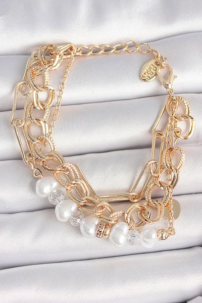 BESKAR Brass Gold Color Multiple Chain Model Pearl Zircon Stone Detail Women's Bracelet