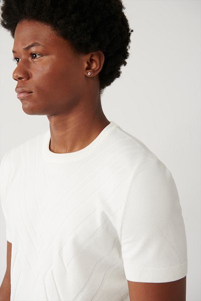 Avva Men's Ecru Crew Neck Geometric Pattern Detailed Knitwear T-Shirt A41Y5015