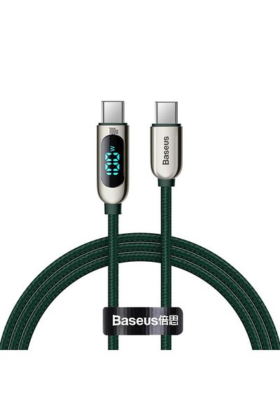 Baseus LED Display Fast Charging Data Cable Type-C to Type-C 100W 5A, Nylon Braided, 1M - Green