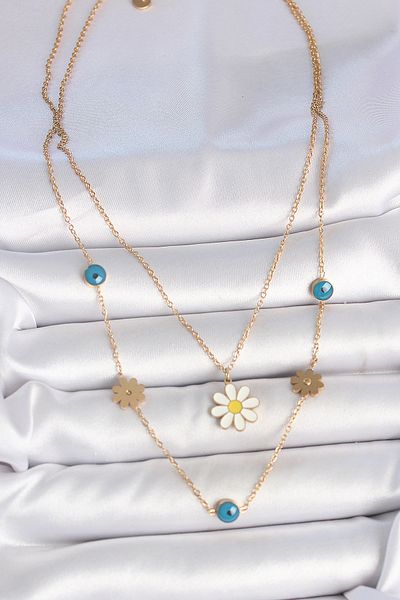 BESKAR 316L Steel Gold Color 2 Piece Chain Model Daisy Figure Evil Eye Bead Detail Women's Necklace