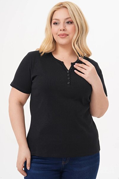 LİFERA Cotton Lycra Button Detail Basic T-Shirt, Large Size T-Shirt