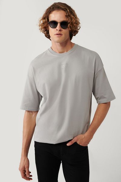Avva Graues bedrucktes Herren-T-Shirt aus 100 % Baumwolle mit Rundhalsausschnitt A41y1325