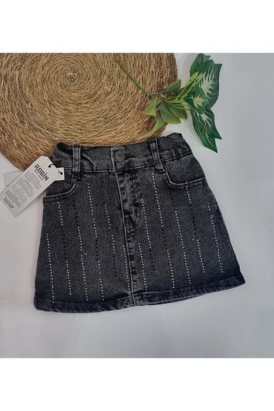 Uğur bebe New Season Full Lycra Stone Detailed Pocket Denim Skirt Stretchy Anthracite Color
