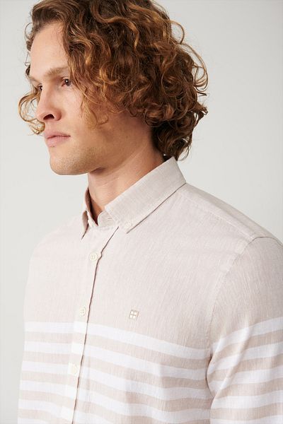 Avva Men's Beige Buttoned Collar Panel Striped Shirt A41Y2190