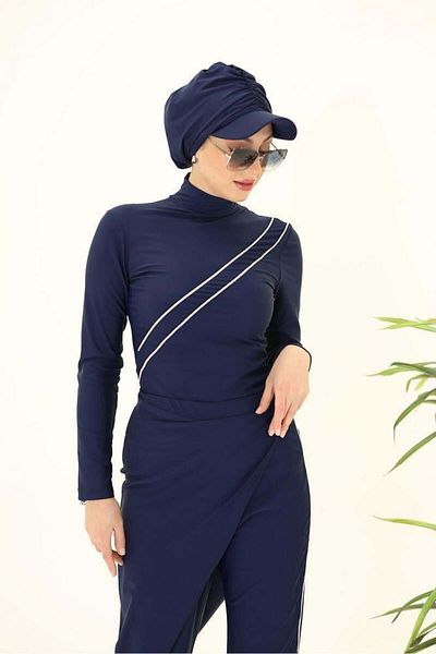NS Tasarım Tesettür Mayo Lina Navy Blue Design Hijab Double Suit Swimsuit