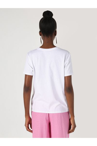 Colin's Tricou alb cu mânecă scurtă pentru femei, cu gât rotund, cu croiala normală