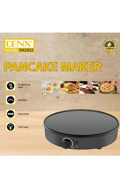 Denx شواية كهربائية 30 سم، صانعة كريب وفطائر كهربائية - لون أسود، درجة حرارة متغيرة، غير لاصقة، كهربائية