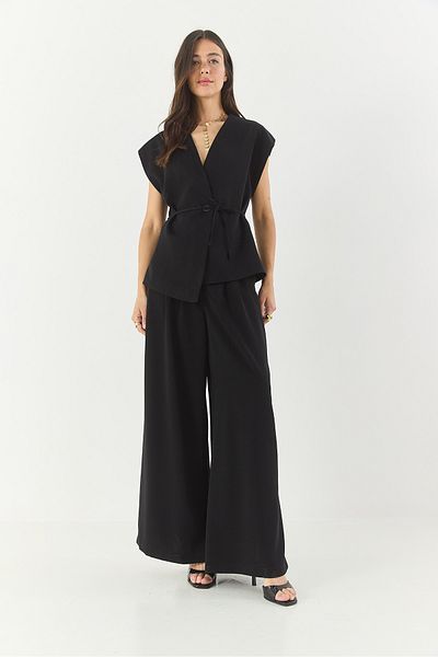 Bianco Lucci Women's Double-breasted Collar Waist Tie Lined Vest Pleated Loose Trouser Suit 9306 60281025
