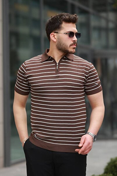 pepule Ανδρικό πλεκτό μπλουζάκι με μισό φερμουάρ και λεπτές ρίγες