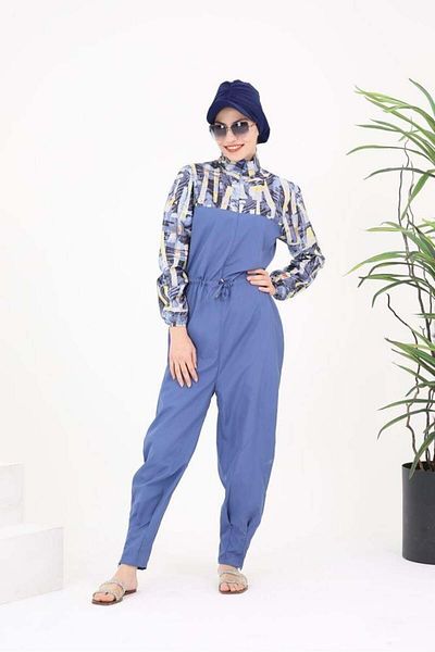 NS Tasarım Tesettür Mayo Dream Melodi Pattern Design Hijab Parachute Fabric Jumpsuit Swimsuit