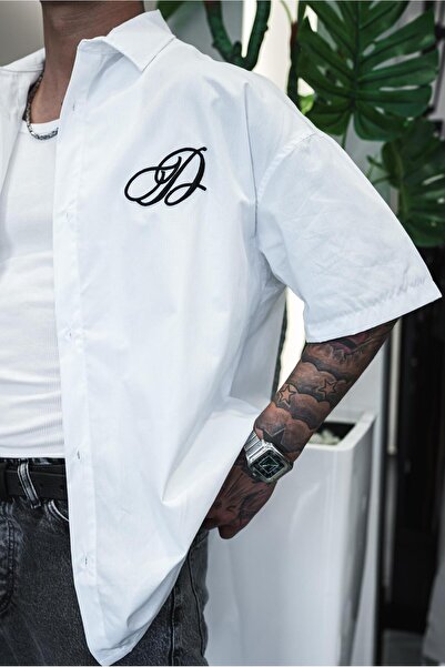 ablukaonline Ανδρικό κεντημένο κοντομάνικο πουκάμισο Oversize Λευκό