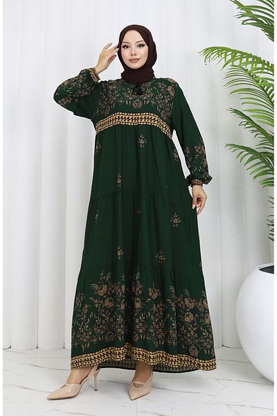 sefamerve Smaragdgrünes Viskosekleid - Große Größe, Blumenmuster 4084-06