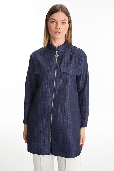 Zühre Patterned Zipper Closure Navy Blue Sports Jacket C-0135