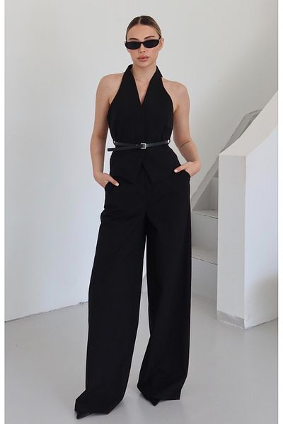 Laluvia Set de pantaloni cu vestă cu dungi negre cu centură - 9569