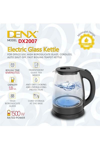 Denx غلاية كهربائية زجاجية بسعة 1.8 مل مع خاصية الإيقاف التلقائي، مناسبة للاستخدام المكتبي