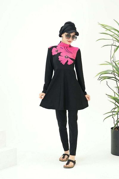 NS Tasarım Tesettür Mayo Nilüfer Pink Double Design Hijab Suit Swimsuit