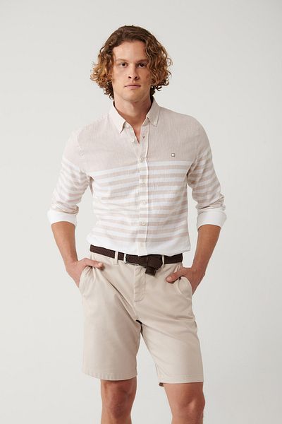 Avva Men's Beige Buttoned Collar Panel Striped Shirt A41Y2190