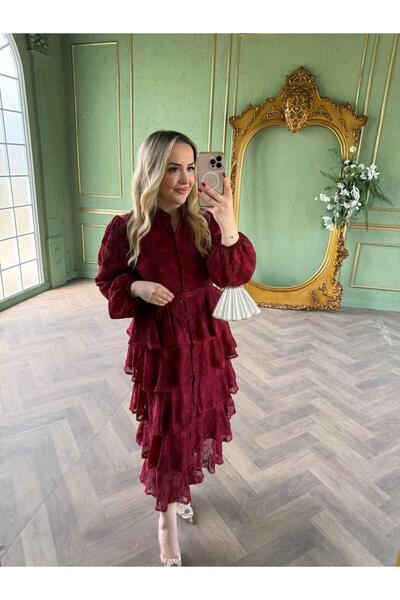 Byelifdursun Diamond Kat Kat Şifon Elbise Bordo