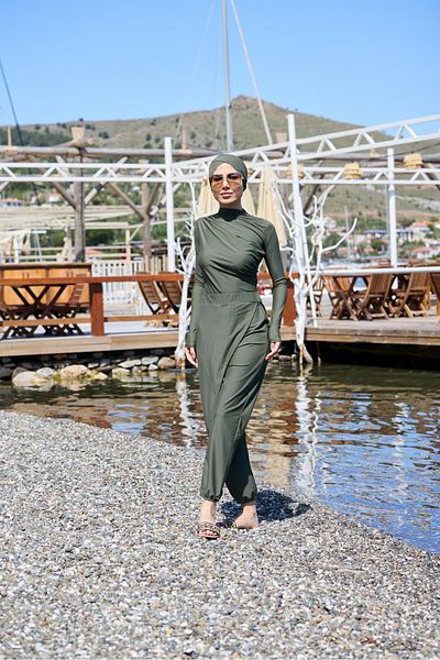NS Tasarım Tesettür Mayo Betty Double Khaki Design Hijab Swimsuit Set