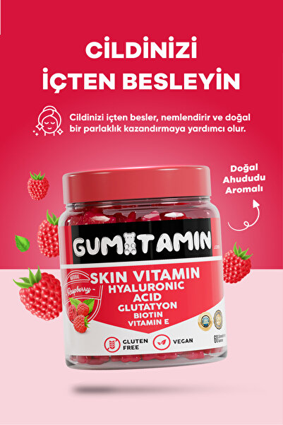 Gumitamin Cilt Vitamini Vegan Gummy, Hyaluronik Asit, Glutatyon, Biotin, Vitamin E, Dogal Ahududu Aromalı