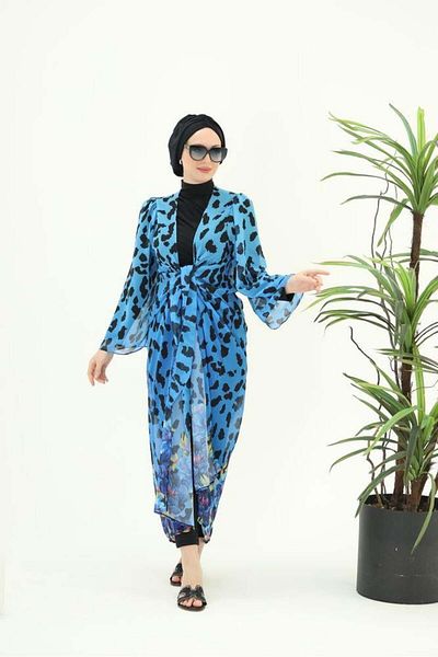 NS Tasarım Tesettür Mayo Pareo hijab cu model leopard albastru Laura - 252