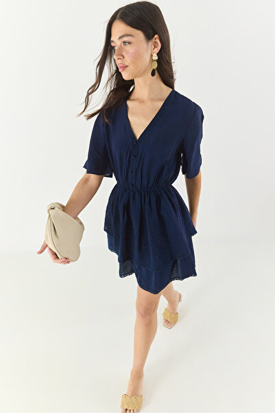 Bianco Lucci Fusta de damă cu decolteu în V cu detaliu din guipură cu talie elastică Rochie mini de vară din viscoză stratificată 3014 60283254