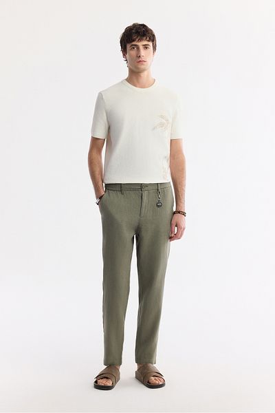 Avva Men's Khaki Elastic Waist 100% Linen Trousers B 003032