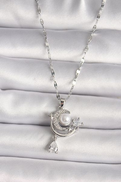 Skygo 316L Steel Silver Color Zircon Stone Moon Star Dangle Detail Women's Necklace - Tj-Bko9671