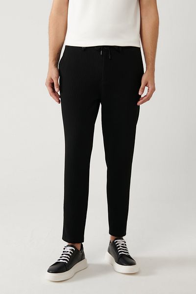 Avva Men's Black Relaxed Fit Elastic Waist and Lace-Up Bi Stretch Trousers A41Y3232