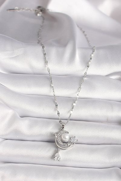 Skygo 316L Steel Silver Color Zircon Stone Moon Star Dangle Detail Women's Necklace - Tj-Bko9671