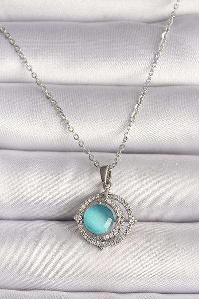 Skygo 316L Steel Silver Color Zircon Stone Blue Pearlescent Crescent Model Women's Necklace - Tj-Bko9703