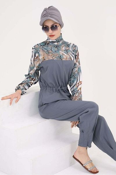 NS Tasarım Tesettür Mayo Hijab Parachute Fabric - Dream Gray Patterned Jumpsuit Swimsuit