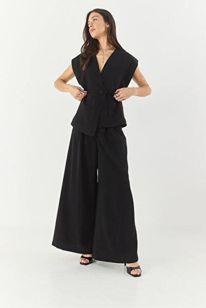 Bianco Lucci Women's Double-breasted Collar Waist Tie Lined Vest Pleated Loose Trouser Suit 9306 60281025