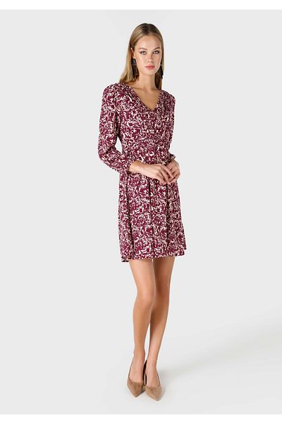 Colin's Rochie de damă mini plisată cu decolteu în V burgundy - Imprimată