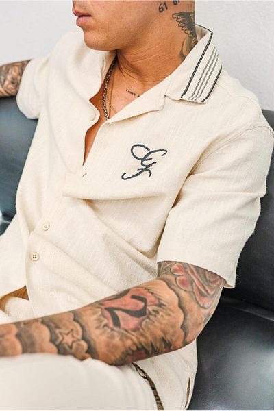 ablukaonline Ανδρικό πουκάμισο Relax Fit Linen Look Κεντημένο Μπεζ