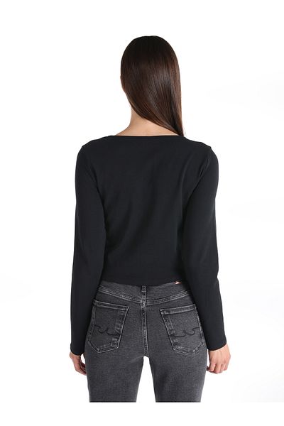 Colin's Tricou negru cu mânecă lungă pentru femei, slim fit, cu decolteu în V