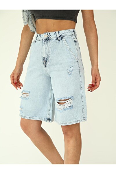 Zeo Basic ICE WASH YIRTIK DETAYLI DENİM ŞORT
