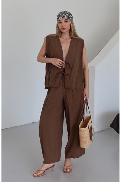 Laluvia Brown Samantha Tie-Up Vest Trousers Suit - 51155