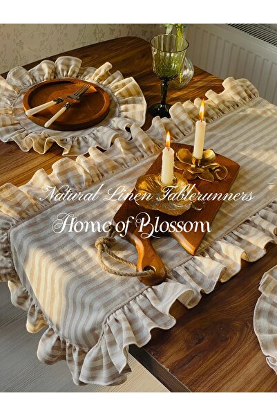 HOME OF BLOSSOM عداء كشكش من الكتان المخطط باللون البيج مقاس 40 × 140 سم