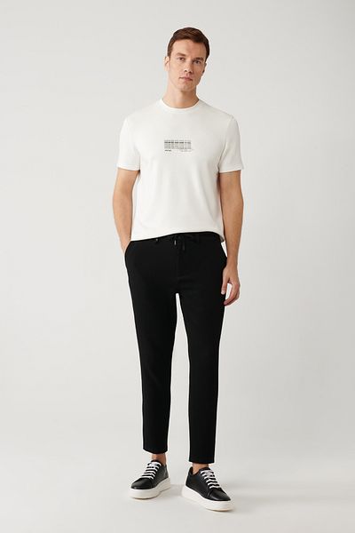 Avva Men's Black Relaxed Fit Elastic Waist and Lace-Up Bi Stretch Trousers A41Y3232