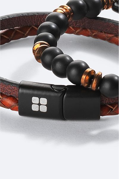 Avva Men's Claret Red 2-Piece Bracelet - 100% Leather and Onix Stone, A41Y9600