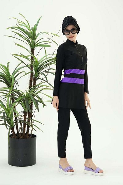 NS Tasarım Tesettür Mayo Golf Purple Striped Black Design Hijab Double Swimsuit Set