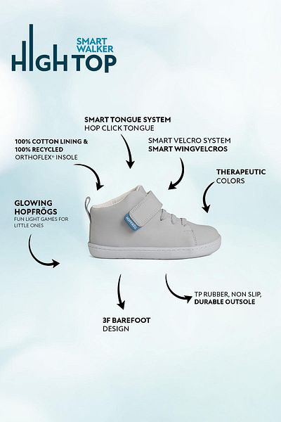 HOPFRÖG Smart Walker High Top - Γκρι Barefoot Παιδικές Μπότες, Υπερ Μάτ Αεράτο